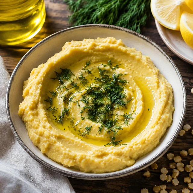 A bowl of golden fava purée topped with olive oil and chopped dill, with lemon nearby