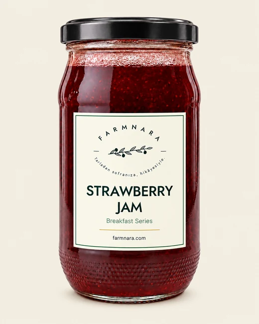 FarmNara Strawberry Jam in a glass jar with a black lid and cream label