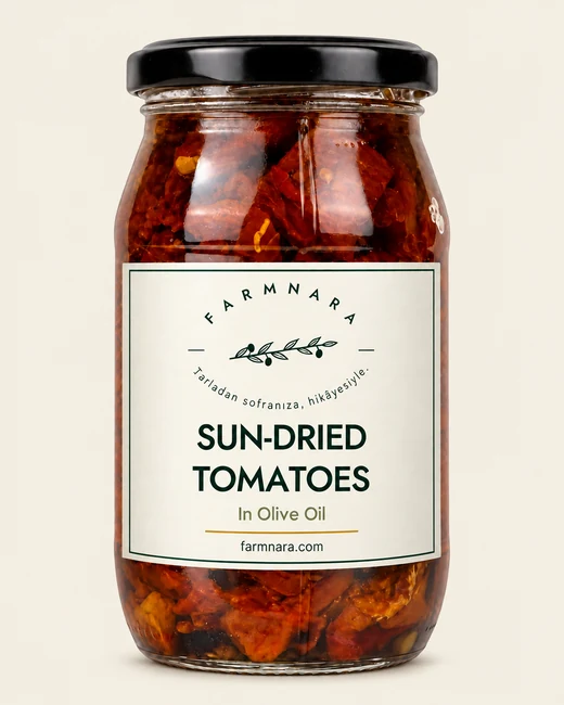 FarmNara Sun-dried Tomatoes in Olive Oil in a glass jar with a black lid and cream label